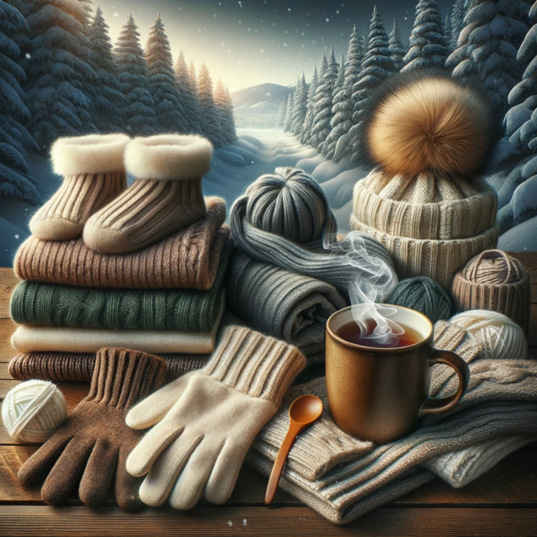 DALL·E 2023-10-29 10.04.14 - Photo-realistic image of various winter essentials neatly laid out_ thick woolen socks, a soft scarf, insulated gloves, and a steaming mug of tea. In