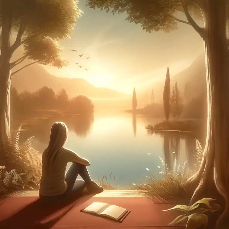 DALL·E 2024-05-19 19.08.19 - A serene landscape depicting a person sitting by a peaceful lake, reflecting and journaling. The scene conveys a sense of calm and introspection, suit