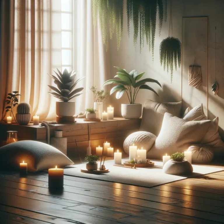 DALL·E 2024-05-22 13.49.00 - An image depicting a serene and inviting space for meditation and reflection. Visualize a cozy corner with cushions, candles, and a small indoor plant