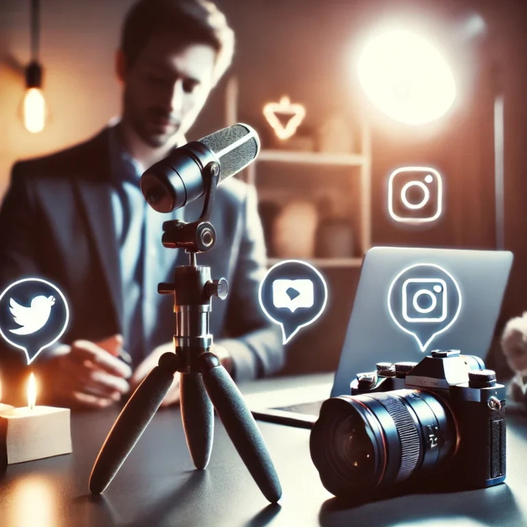DALL·E 2024-08-29 17.56.26 - A professional-looking scene featuring a content creator setting up a camera with soft, diffused lighting. The camera and other high-quality equipment