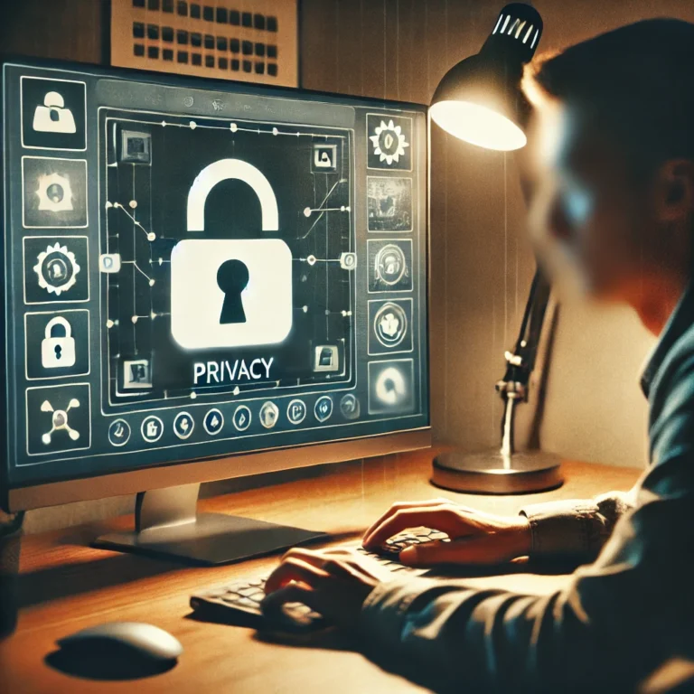 DALL·E 2024-08-29 18.02.11 - A visually engaging image representing the concept of protecting one's identity while sharing content online. The image features a person in front of